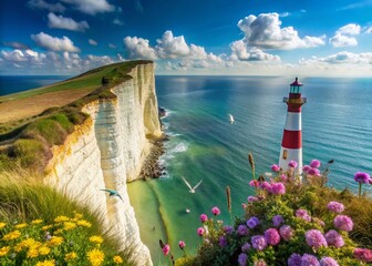 Stunning Candid Photography of Beachy Head Lighthouse in England Surrounded by Dramatic Cliffs and Vibrant Seascape