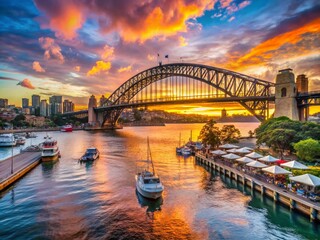 Obraz premium Stunning Candid Photography of Sydney Harbour Bridge at Sunset, Capturing the City’s Charm and Iconic Architecture