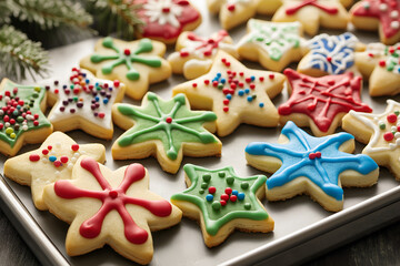 Holiday Sugar Cookies with Colorful Icing, A tray of festive sugar cookies, shaped like snowflakes, stars, and bells, decorated with bright icing and sprinkles, Holiday season dessert food photography
