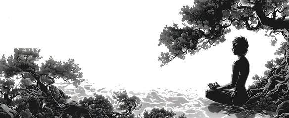 Fototapeta premium Pencil drawing of a girl doing yoga in the forest with space for text, silhouette of a person in a park