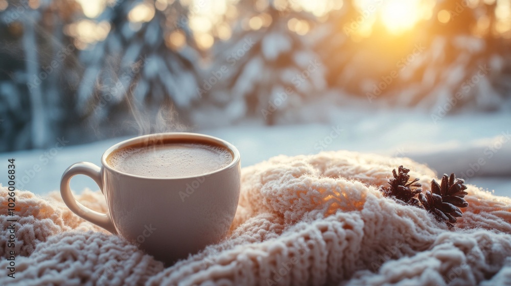 Poster a cup of coffee is sitting on a blanket in front of a window
