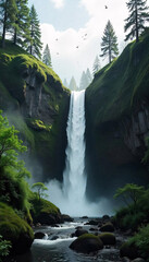 Obraz premium A lush, green canyon with a waterfall cascading down the center, nature wallpaper for your project