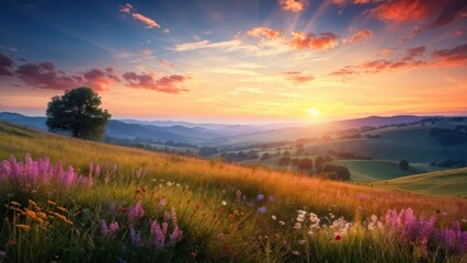A vibrant sunset over a lush meadow filled with wildflowers and rolling hills.