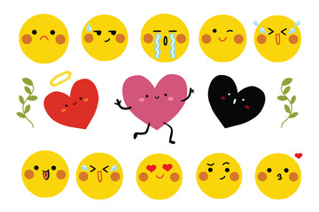 Emoticon Faces with various Emotions. Emoji and love cartoon characters. Cartoon style. Flat design. Hand drawn trendy Vector illustration