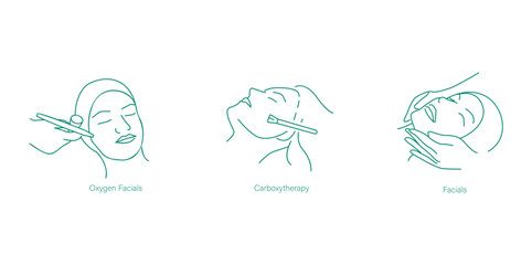 Oxygen Facials, Carboxytherapy, and Facials Icon Set for Hydration and Skin Care Therapies