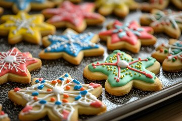Holiday Sugar Cookies with Colorful Icing, A tray of festive sugar cookies, shaped like snowflakes, stars, and bells, decorated with bright icing and sprinkles, Holiday season dessert food photography
