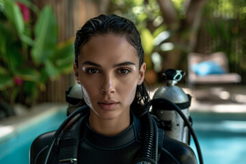 Professional diver exploring underwater life world flora fauna, Generative AI