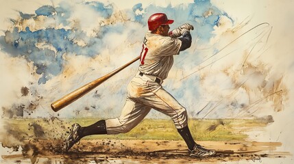 Naklejka premium Athlete striking baseball, colorful art style