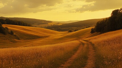 Obraz premium Winding Path Through Golden Hills at Sunset