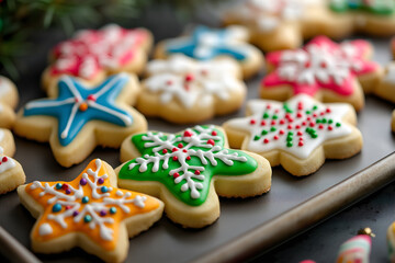 Holiday Sugar Cookies with Colorful Icing, A tray of festive sugar cookies, shaped like snowflakes, stars, and bells, decorated with bright icing and sprinkles, Holiday season dessert food photography