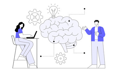 Man and woman talk about how brain works. Thinking concept idea