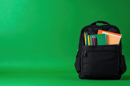 Black backpack filled with school supplies sits against a vibrant green background showcasing organized educational tools, copy space