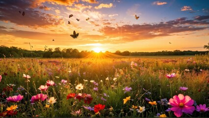 Obraz premium A vibrant sunset over a flower-filled meadow with butterflies.