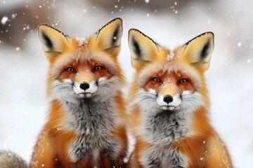 Fototapeta premium Two realistic foxes sitting in a snowy landscape, showcasing their vibrant orange fur and expressive eyes.