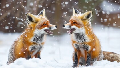 Fototapeta premium Two red foxes playfully interacting in a snowy landscape, surrounded by falling snowflakes.