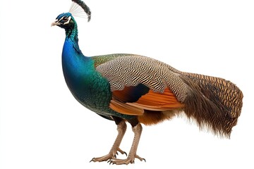 Fototapeta premium Female Indian Peafowl (peahen). Isolated over white