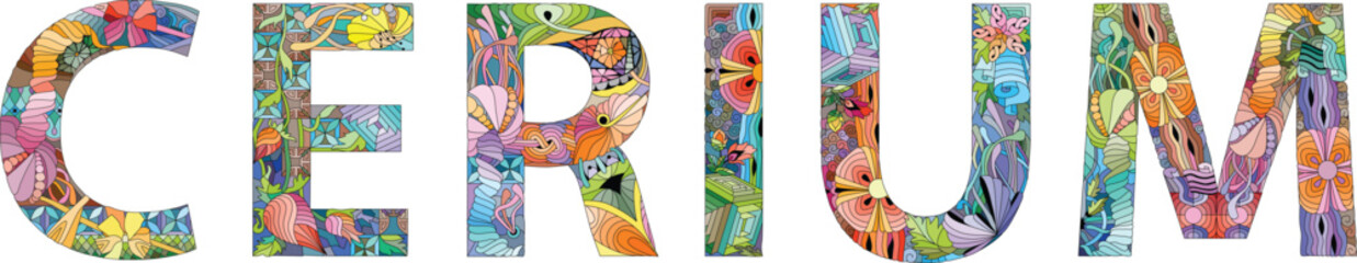 Word CERIUM. Cerium is a chemical element. Vector zentangle object for decoration
