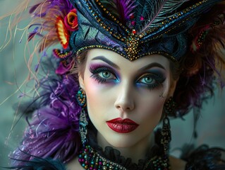 Dramatic Portrait of a Woman in a Feathered Headpiece