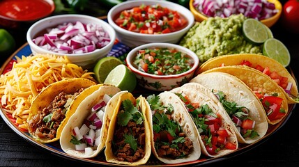 A colorful plate of Mexican food with tacos tamales