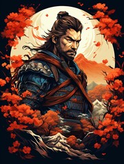 A Samurai Warrior Standing Against a Mountainous Landscape with Cherry Blossoms