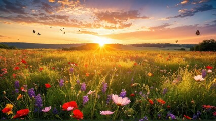 A vibrant sunset over a colorful wildflower field, filled with butterflies and natural beauty.