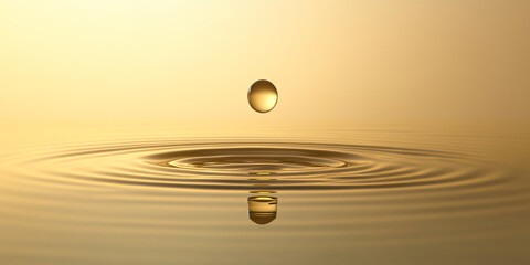 A single golden drop of water falls onto a still surface, creating ripples that spread outward.