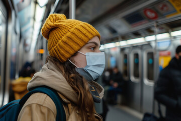 Fototapeta premium Covid global sefety campaign, Generative AI photo of people in protective facial mask quarantine pandemia