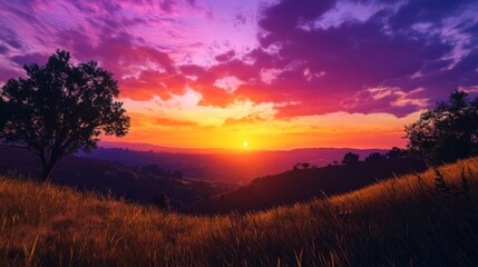 Obraz premium Stunning sunset over rolling hills with vibrant colors and a calm sky, creating a peaceful landscape environment.