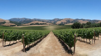 Fototapeta premium Vineyard Rows Leading to Rolling Hills under a Blue Sky