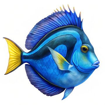 Juvenile blue tang surgeonfish (Acanthurus coeruleus) on a white background. Blue doctorfish, Blue surgeonfish, Pez cirujano azul, Barbero azul. Western Atlantic fish. Acanthuridae