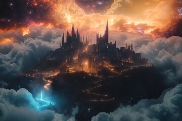 Fototapeta premium Fantasy skyline blending ancient castles and futuristic towers, illuminated by ethereal lights, magical ambiance, breathtaking spectacle, enchanting colors, dreamy atmosphere