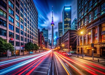 Fototapeta premium Stunning Long Exposure Night Car Trails in Urban Settings for Dynamic Cityscapes