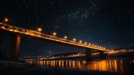 A Stunning Night View of a Bridge Illuminated by Golden Lights and Starry Skies Reflecting on the Water Below