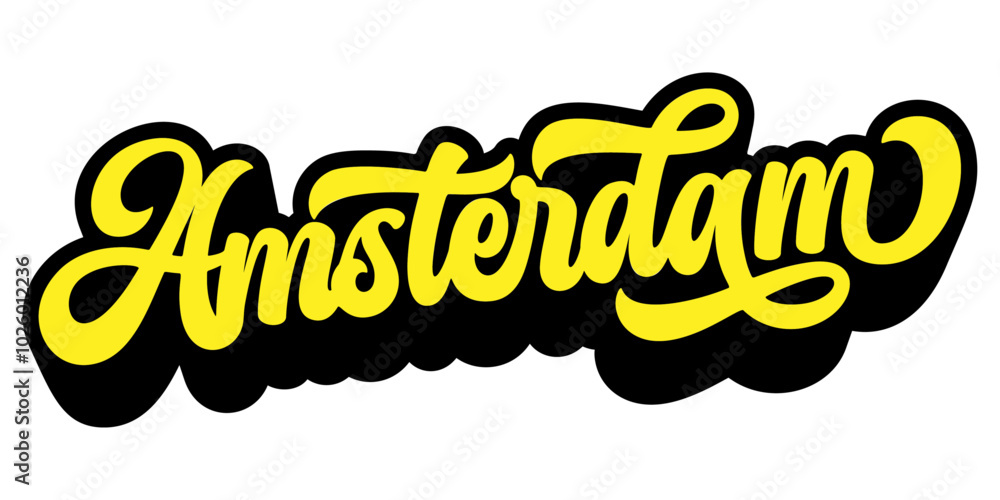 Poster amsterdam city name written in retro groovy three-dimensional script lettering