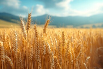 Fototapeta premium A windmill standing tall amidst golden wheat fields under a clear blue sky. Generative AI