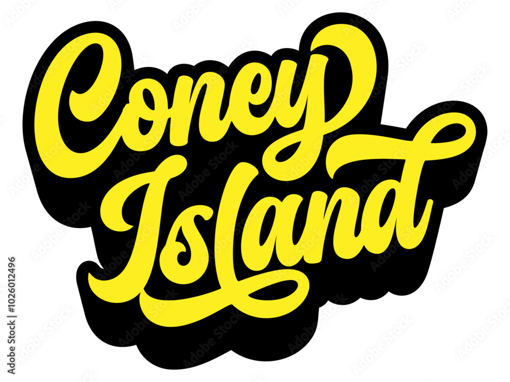 Poster coney island written in retro groovy three-dimensional script lettering
