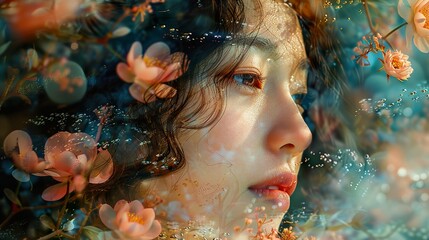 Dreamy Portrait of a Woman Surrounded by Flowers