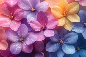 Fototapeta premium A vibrant rainbow-colored background with delicate pastel flowers in various shades of pink, purple, blue and yellow. 