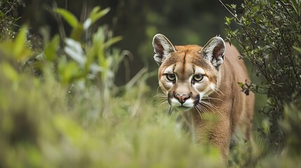 Fototapeta premium Puma walking through lush green foliage on isolated background