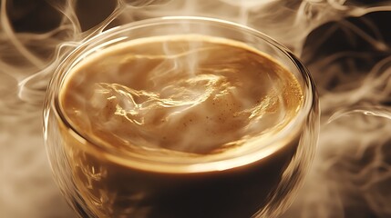 Steaming beverage in a glass cup, warm and inviting ambiance