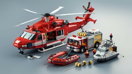 Fototapeta premium Create detailed 3D illustrations of emergency response vehicles and equipment, including helicopters and rescue boats