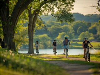 Obraz premium family riding bicycles through a scenic park, focus on the leading cyclist with trees and a lake in the background