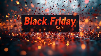 Wide shot of a Black Friday banner with colorful confetti and streamers in motion above it, "Black Friday Sale" text in bold red and white, vibrant colors, dark background to emphasize movement,