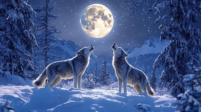 Wolves howling at the full moon in a snowy landscape.