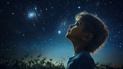 A young boy gazing up at the night sky, filled with wonder and curiosity.