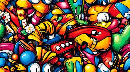 A colorful carnival-themed doodle pattern filled with Ferris wheels, carousel horses, clowns, and cotton candy, surrounded by popcorn, streamers, and balloons, set against a bright pastel background,