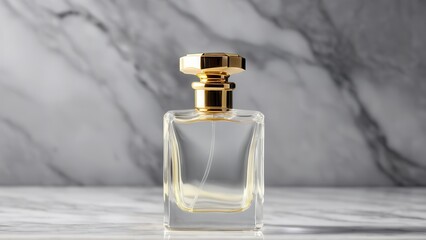 Elegant glass perfume bottle with a golden cap, filled with fragrant liquid, reflecting light on a marble surface, vintage style, luxury and sophistication