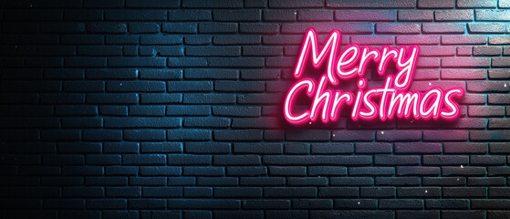 Neon sign with Merry Christmas text on a dark brick wall.