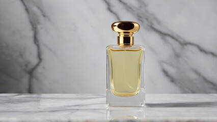 Elegant glass perfume bottle with a golden cap, filled with fragrant liquid, reflecting light on a marble surface, vintage style, luxury and sophistication