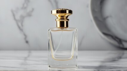 Elegant glass perfume bottle with a golden cap, filled with fragrant liquid, reflecting light on a marble surface, vintage style, luxury and sophistication